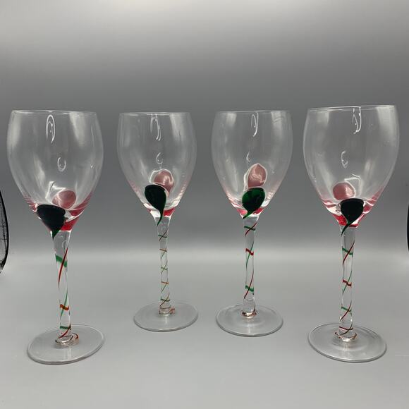 Pier 1 Optic Wine Glasses Red Green Swirl Set 4 Tear Drop Stemmed Christmas - Picture 4 of 9